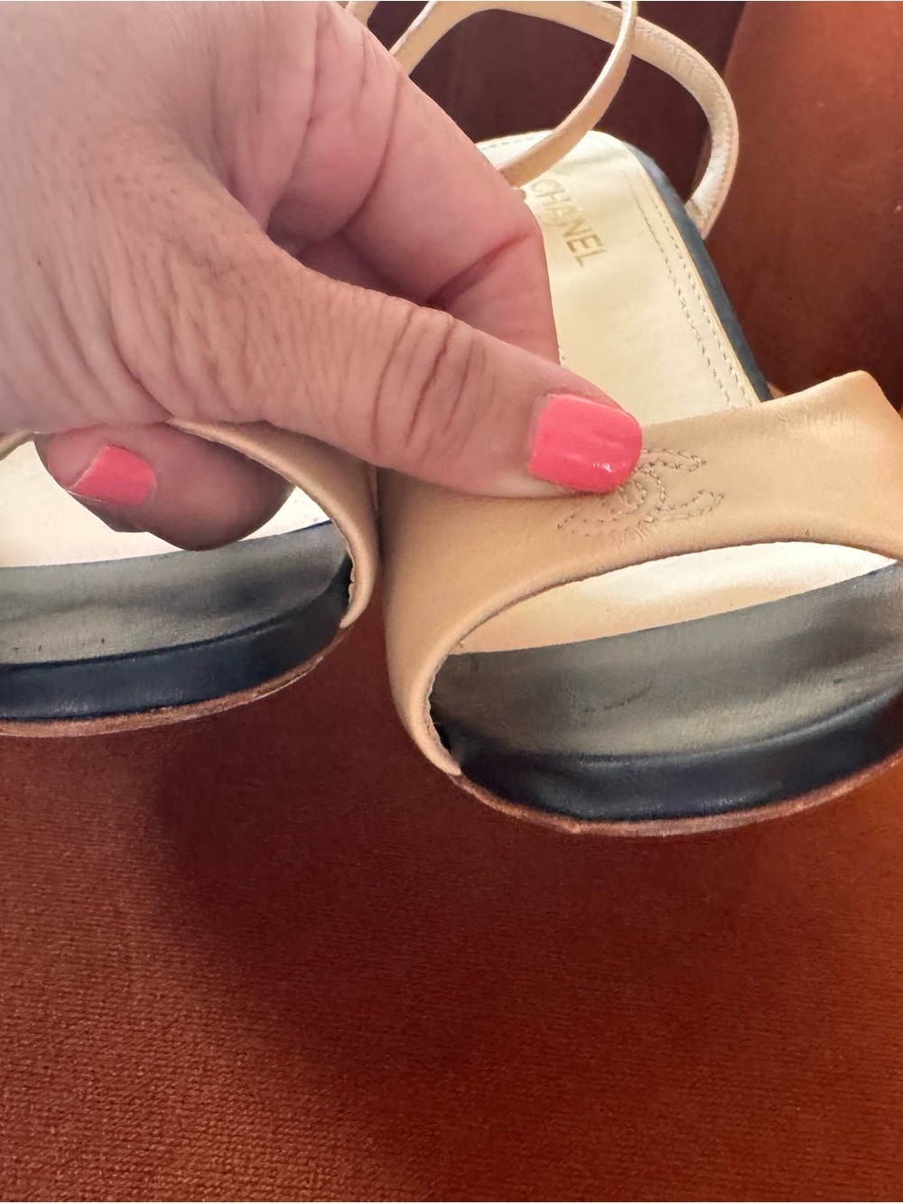 CHANEL Tan Leather Open-Toe Ankle Strap with pearl heels - Picture 8 of 13